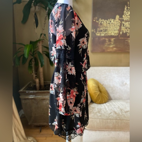 {WHBM}. Floral Black & Pink Chiffon Dress. - Picture 2 of 14